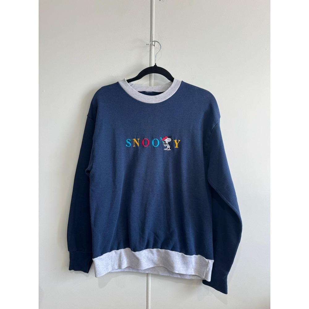 VTG Snoopy Sweatshirt Mens Small Blue Pullover Knit Crewneck Embroidered Graphic